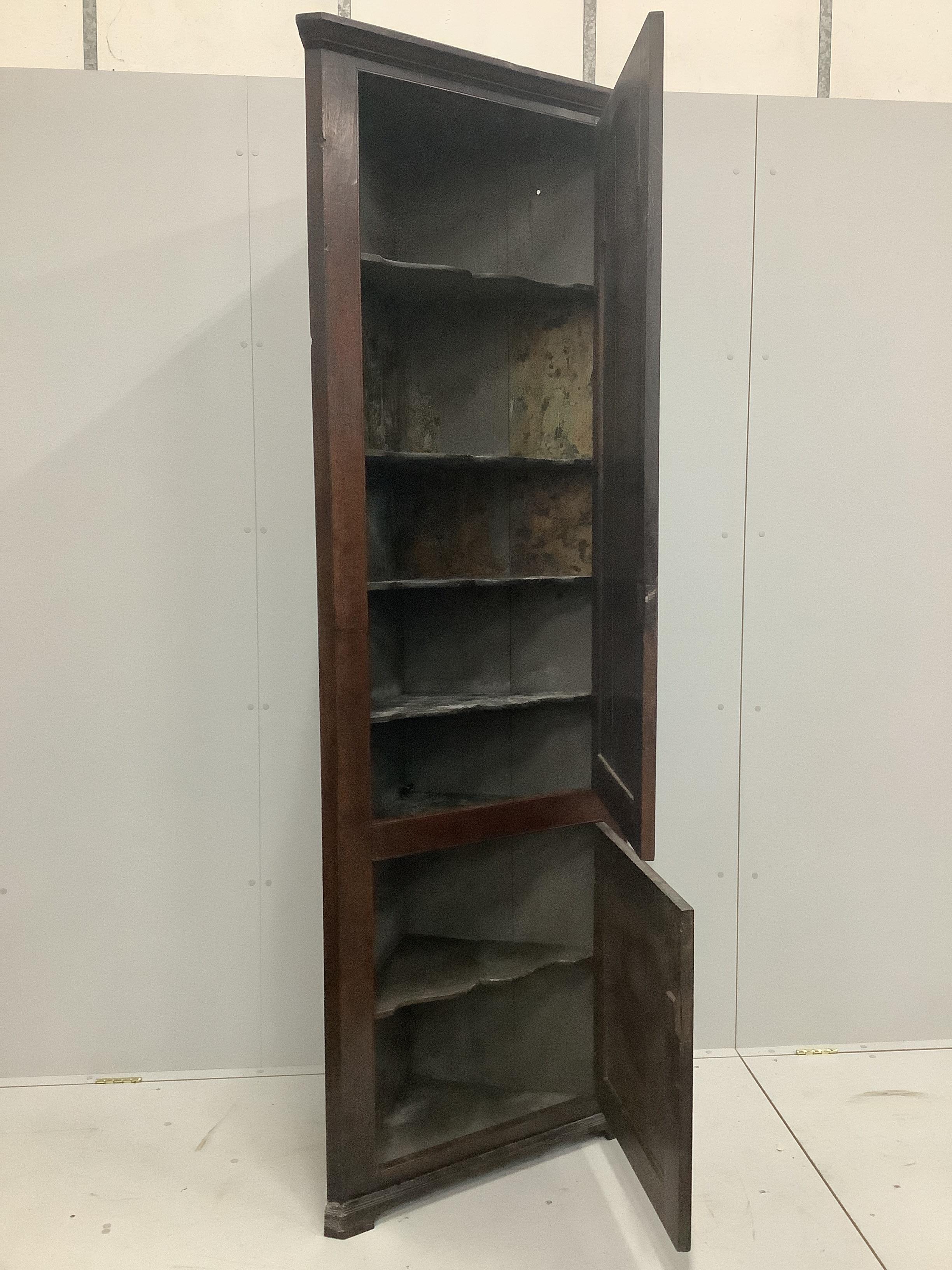 A George III free standing oak corner cupboard, with fielded panelled doors and shelved interior, width 80cm, height 223cm